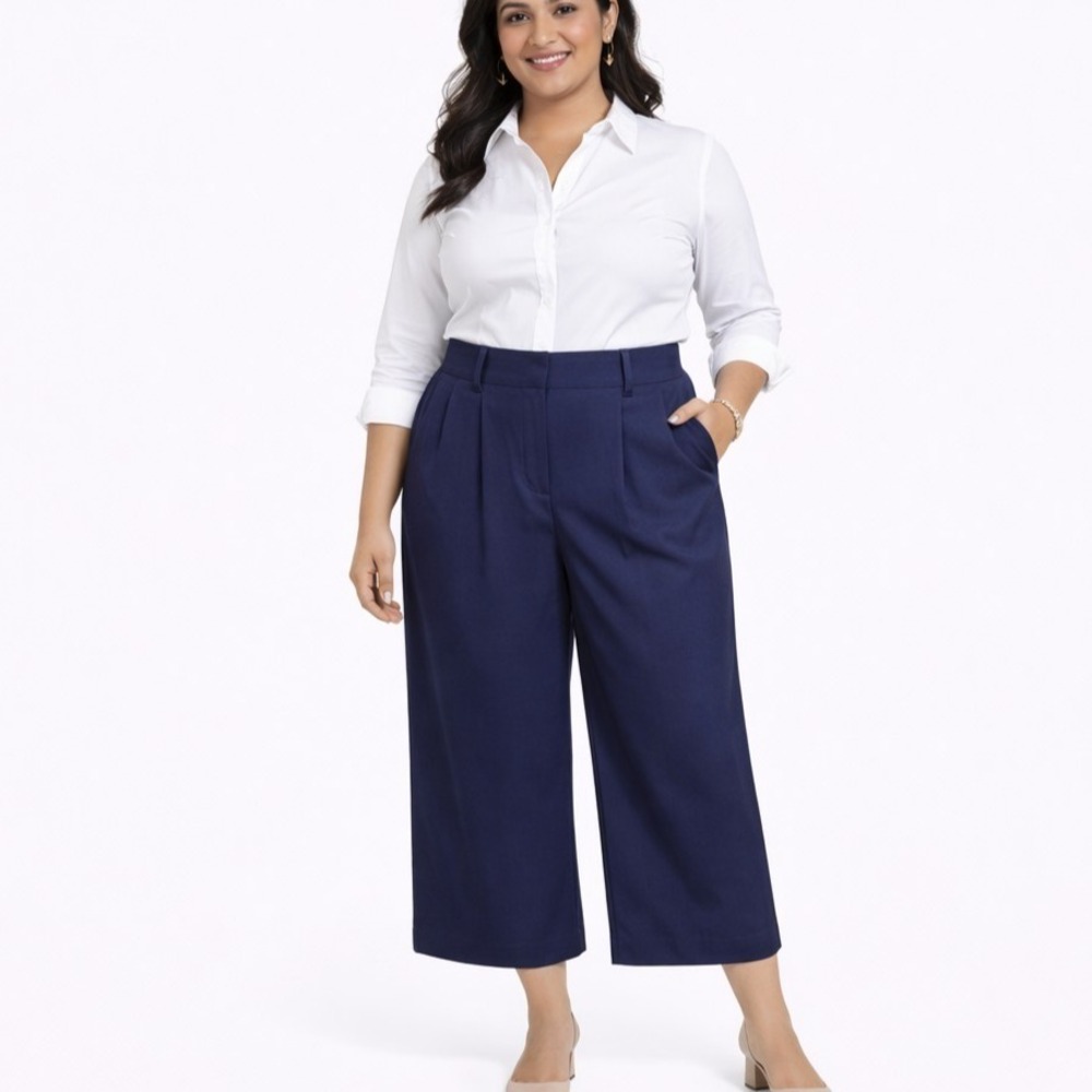 LOFT Petites Size‎ 12P Dark Blue Sheen Pleated Twill Dressy Crop Trouser Pants